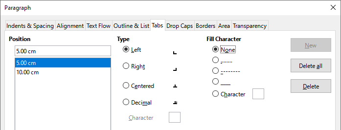 Specifying tab stops and fill characters