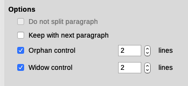 Keep with next paragraph and Do not split paragraph options on Paragraph dialog