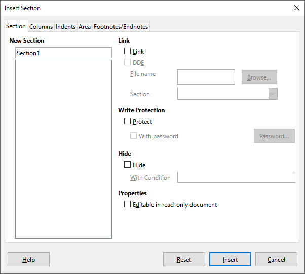 Inserting a section using the Insert Section dialog
