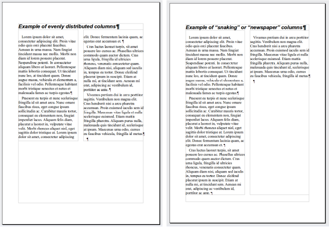 (Left) Evenly distributed columns; (Right) Newspaper-style columns