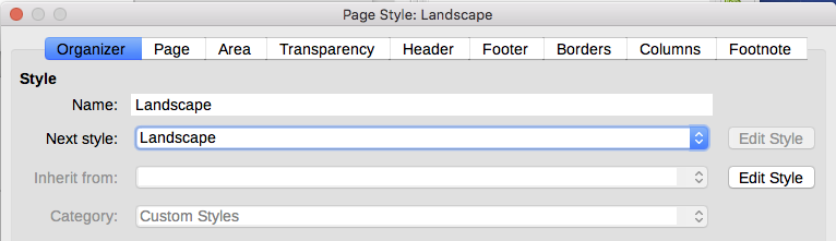 Set the next page style to Landscape