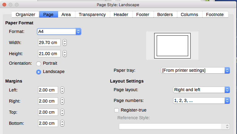 Set orientation and margins for a landscape page