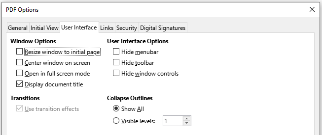 User Interface tab of PDF Options dialog