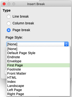 Choose Page break and select the First Page style