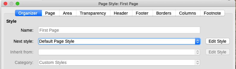 Specifying the next style after the first page of a chapter