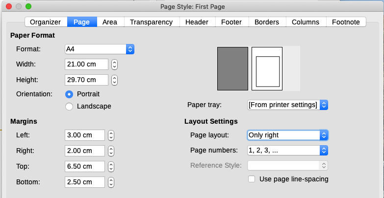 Setting page margins and layout for the First Page style