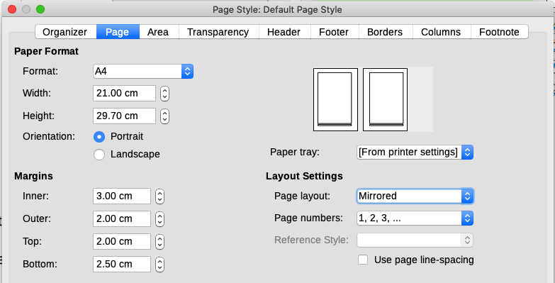 Setting page margins and layout for the Default page style