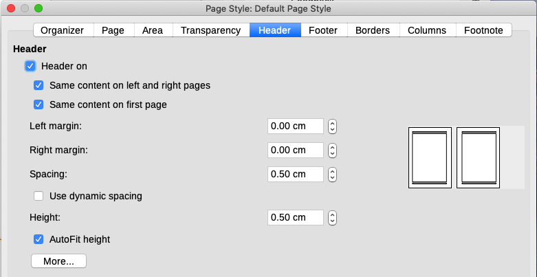 Setting up the header properties for the Default page style