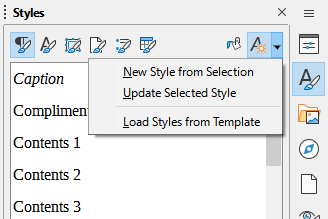 Styles Actions menu in Sidebar