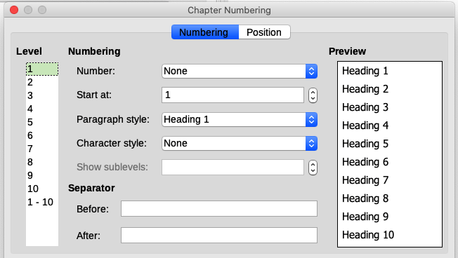 Default settings on the Chapter Numbering dialog