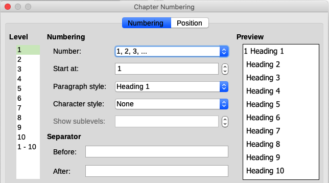 Specifying numbering of Level 1 headings