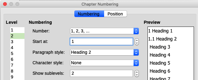 Specifying numbering of Level 2 headings