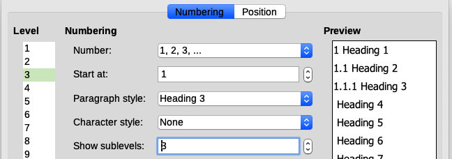 Specifying numbering of Level 3 headings