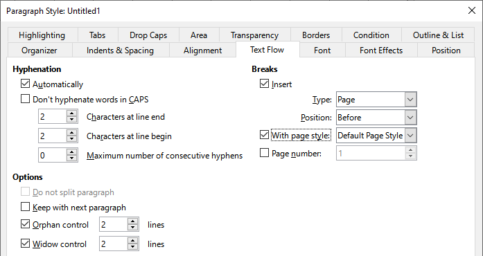The options on the Text Flow tab of the Paragraph Style dialog