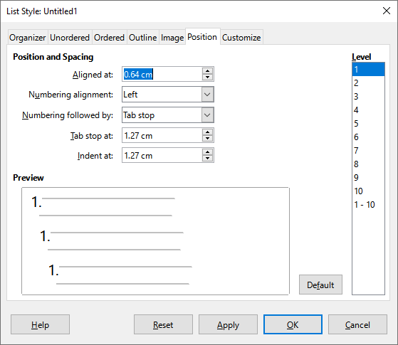 Position settings for a List style