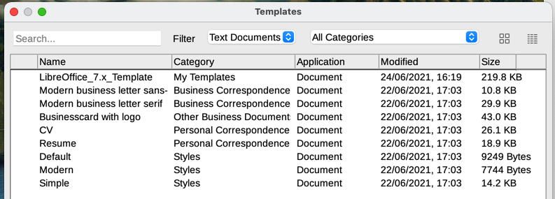 List view of Templates dialog