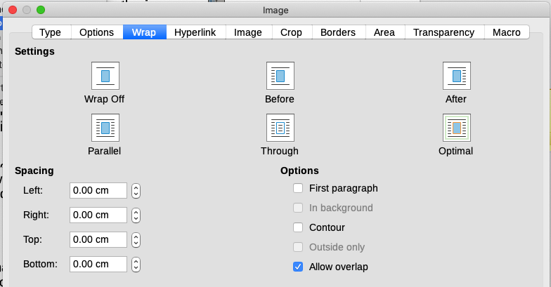 Options on the Wrap tab of the Image dialog