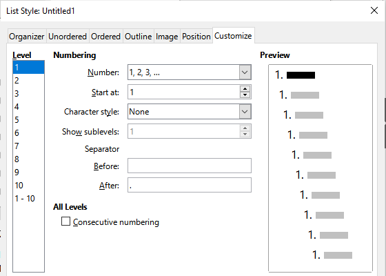 Settings for the new numbering style on the Customize tab