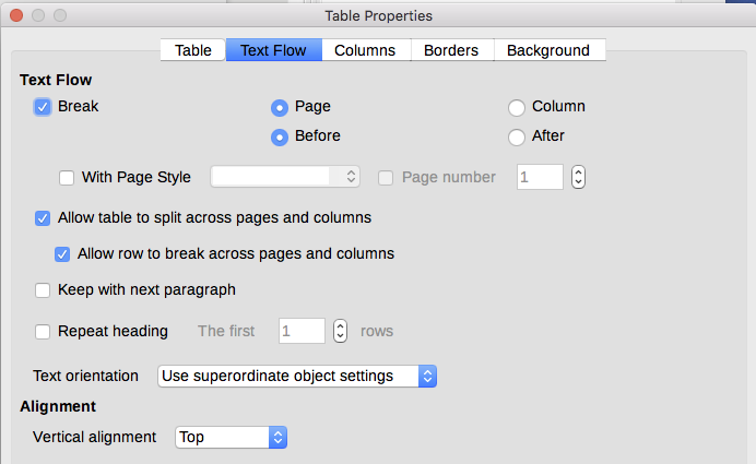 Table Properties dialog: Text Flow tab