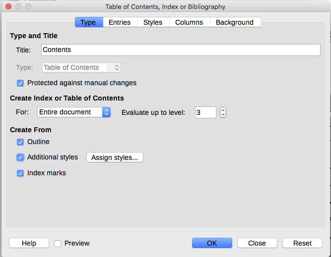 Type tab of Table of Contents, Index or Bibliography dialog