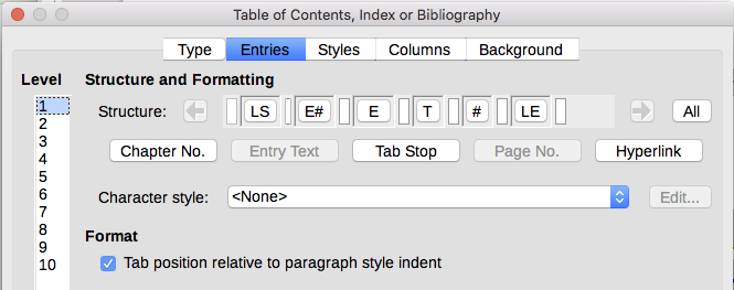 Entries tab of Table of Contents, Index or Bibliography dialog