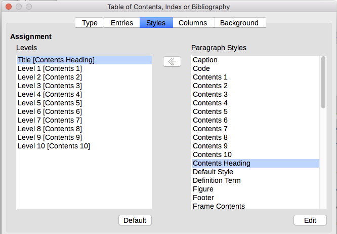 Styles tab of the Table of Contents, Index or Bibliography dialog