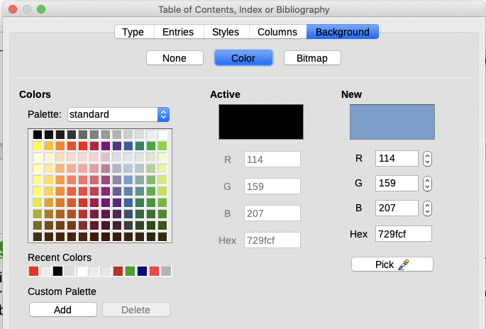 Background tab, showing Color choices