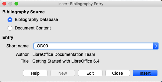 Inserting bibliographic entries into a document