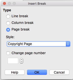 Inserting a page break between the title page and the copyright page