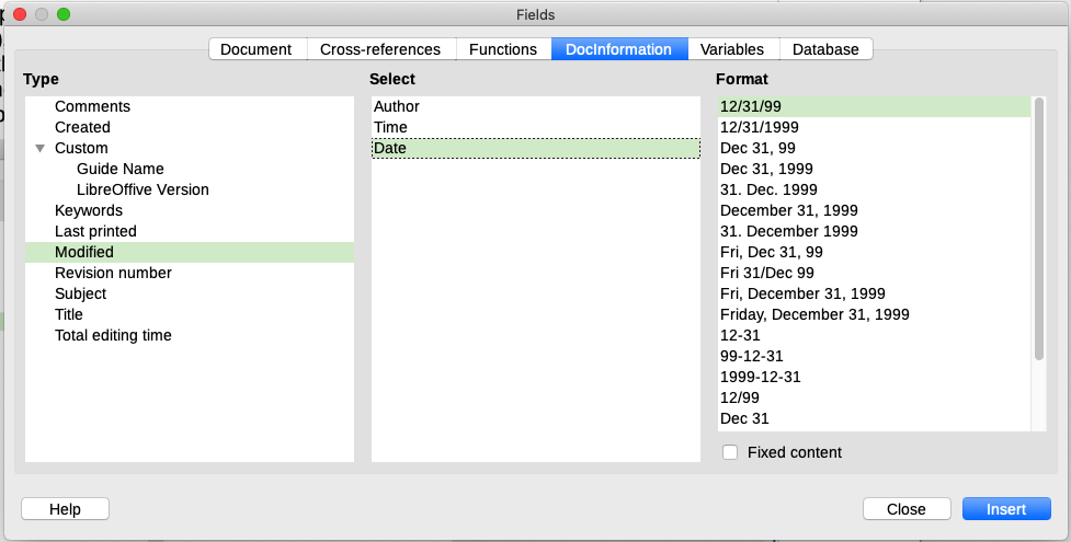 Inserting a Date Modified field using the DocInformation tab of the Fields dialog