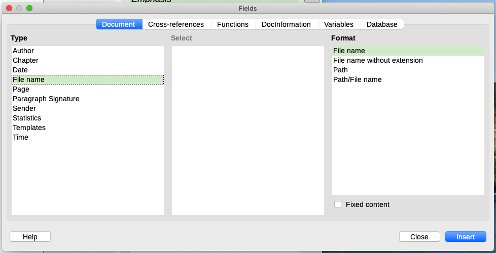 Inserting a File name field using the Document tab of the Fields dialog