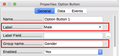 Specifying label and group names for an option button