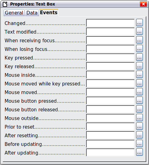 Control properties, Events tab