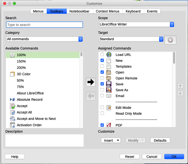 The Toolbars tab of the Customize dialog