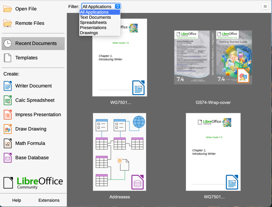 LibreOffice Start Center