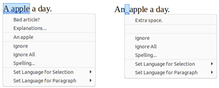 Context menu for grammar errors