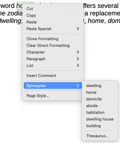 Synonyms on the context menu