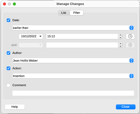 Filter page of Manage Changes dialog