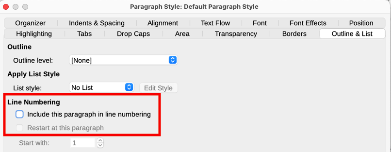 Disabling line numbering for a document