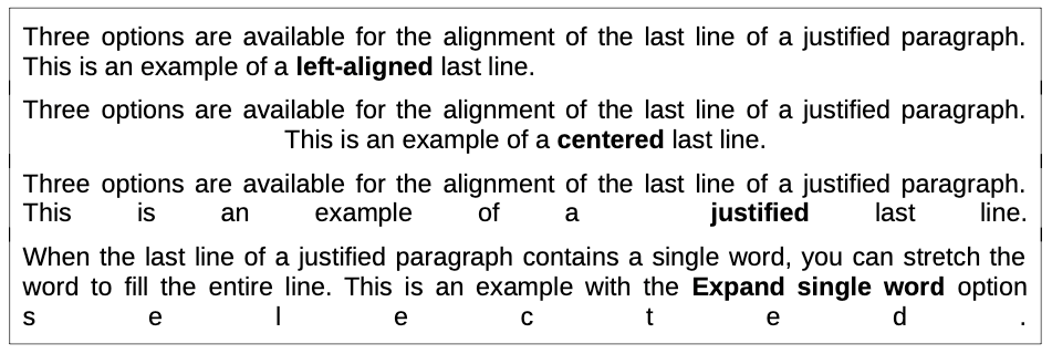 Examples of choices for the last line of a justified paragraph