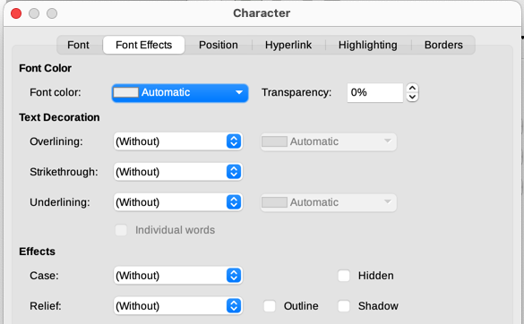 Font Effects tab of the Character dialog