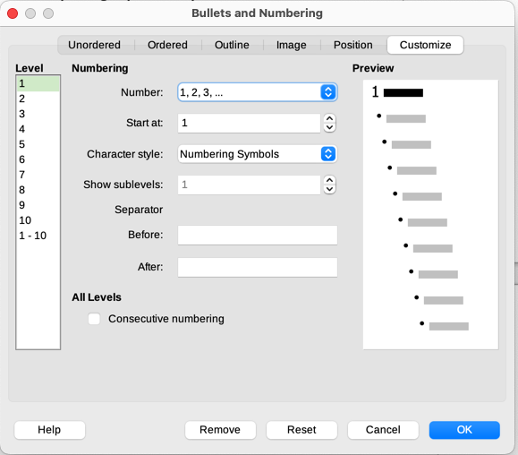 Customize tab of the Bullets and Numbering dialog