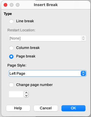 Inserting a manual page break and changing the page style