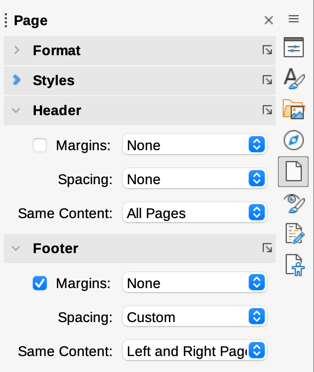 Formatting a header or footer using the Sidebar