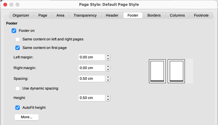 Footer tab of Page Style dialog