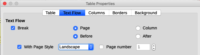 Specifying a page break before a table