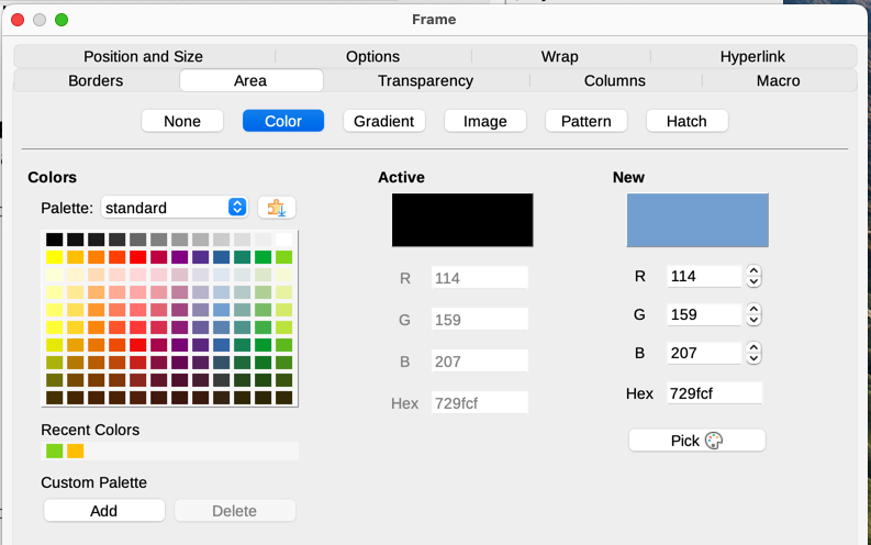 Frame dialog: Area page showing color choices