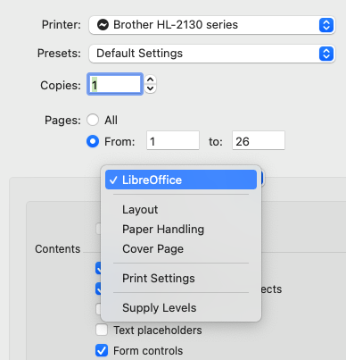 Pages of the Print dialog on macOS 12