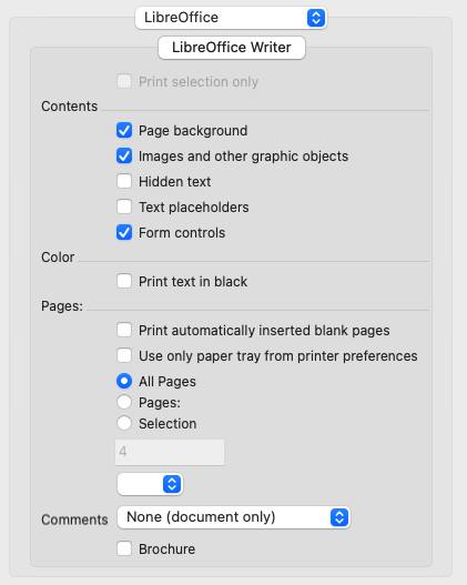 The LibreOffice Writer page of the Print dialog on macOS 12