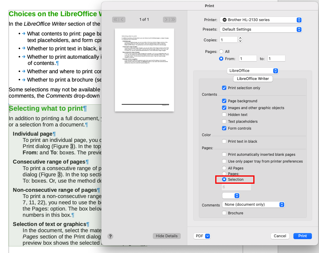 Printing a selection of text on macOS 12